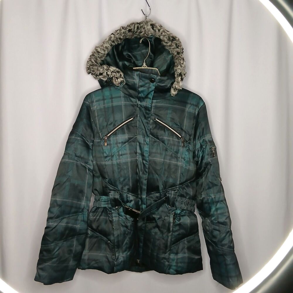 a.n.a Down Puffer Coat Removable Hood Belted Plaid Winter Jacket Womens Large